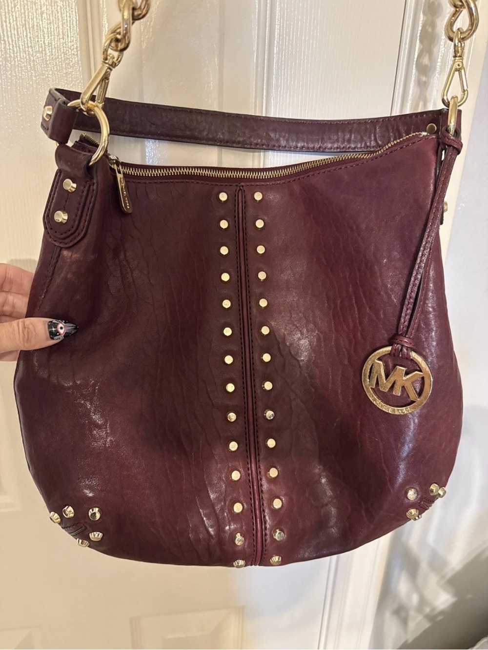 Michael Kors Aster Wine Leather Studded Shoulder Hobo